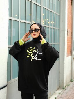 Siyah İkili Eşofman Takımı Oversize Nakışlı 2 Iplik Likra