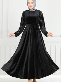 Kolları Taşlı Kadife Abiye Elbise 2014e931 M Siyah