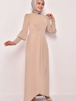Taş Detay Abiye Elbise Krem Asm2569