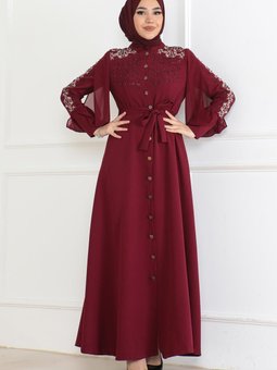 Bordo Düğme Detaylı Abiye Elbise