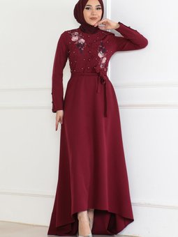 Bordo Nakış Detaylı Abiye Elbise