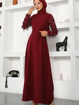Bordo Saçak Detaylı Abiye Elbise