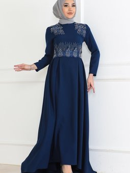 İndigo İnci Detaylı Abiye Elbise