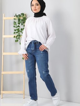 Koyu Kot Kemerli Boyfriend Büyük Beden Pantolon