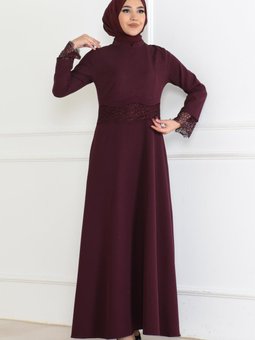 Mürdüm Dantel Detaylı Elbise