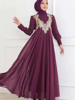 Mürdüm Dantel Detaylı Şifon Abiye Elbise