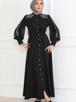 Siyah Düğme Detaylı Abiye Elbise