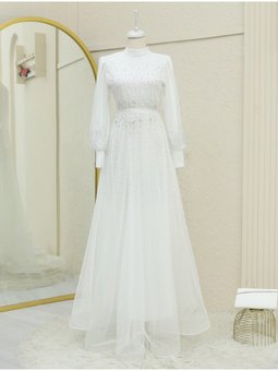 Tasarım Taş Detaylı Kabartma Etekli Tül Abiye Elbise Beyaz