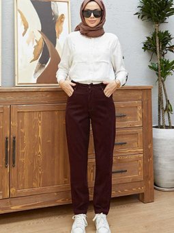 1146 Yüksek Belli Dar Paça Pantolon Bordo