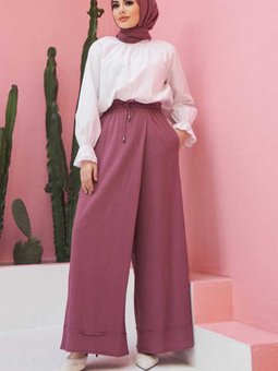 Beli Lastikli Bol Paça Pantolon Etek Lila