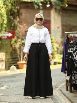 Bol Paça Bel Lastikli Pantolon Siyah 1138