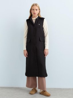 İnce Kapitone Torba Cepli Uzun Yelek Siyah