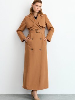 Metal Toka Detaylı Uzun Trençkot Taba