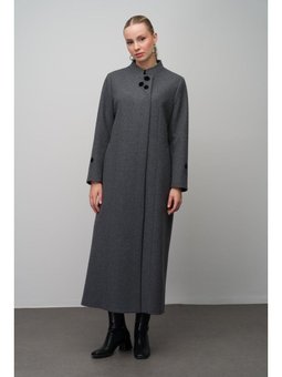 Hakim Yaka İşleme Detaylı Yün Karışımlı Büyük Beden Antrasit Pardesü
