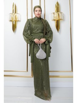 Kol Ağzı Fiyonk Detaylı Payet Yeşil Abiye Elbise