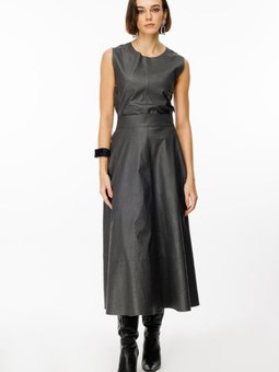 Antrasit Parçalı Deri Uzun Etek