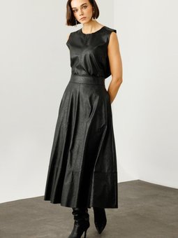 Siyah Parçalı Deri Uzun Etek