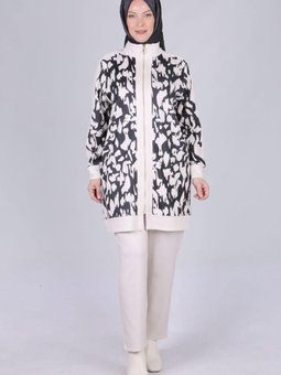 Büyük Beden Emprime Pantolonlu Takım Siyah Bej Otw35113