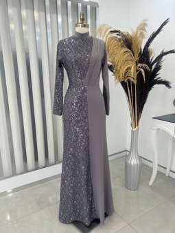 Pul Payetli Açelya Abiye Elbise Gri