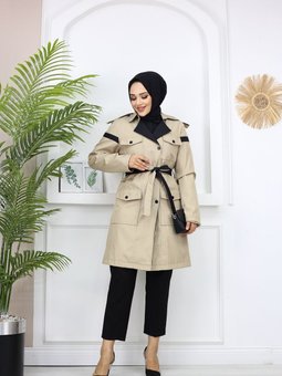 Kruvaze Yaka Çift Renk Kuşak Fleto Cepli Trençkot