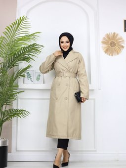 Kruvaze Yaka Uzun Fleto Cepli Trençkot