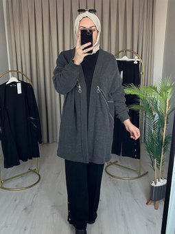 Fermuar Detaylı Önü Açık Hırka