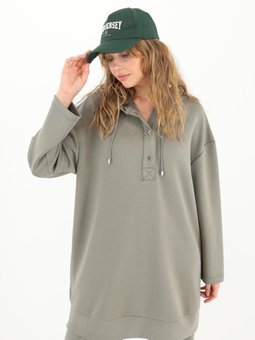 Yarım Çıtçıt Düğmeli Modal Kumaş Kapüşonlu Sweatshirt 10603