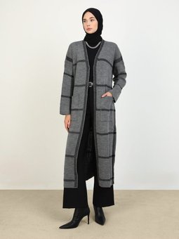 Çizgi Detaylı Uzun Triko Hırka Antrasit