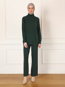Kuşak Detaylı Tunik & Pantolon İkili Triko Takım Zümrüt Yeşili