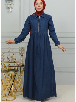 Fermuarlı Kot Elbise 3500 01 Koyu Lacivert
