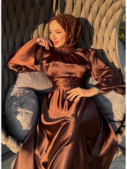 Önü Büzgülü Saten Abiye Elbise 5514 03 Kahverengi