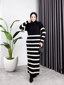 Siyah Çizgili Ve Fermuarlı Dik Yaka Triko Elbise