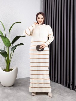 Vizon İnce Çizgili Dik Yaka Ve Fermuarlı Triko Elbise