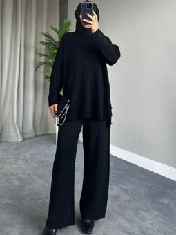 Metal Düğmeli Triko Takım Siyah