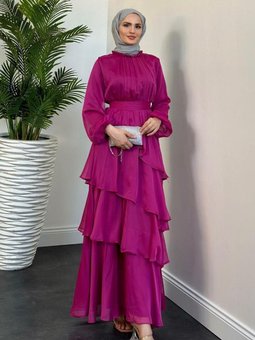 Funda Kat Kat Abiye Elbise Fuşya