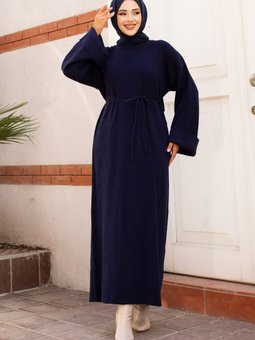 Beli İp Bağlamalı Düşük Kol Triko Elbise Tsd240708 Lacivert