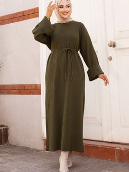 Beli İp Bağlamalı Düşük Kol Triko Elbise Tsd240708 Yeşil