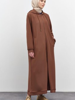 Kapüşonlu Fermuar Kapamalı Örme Ferace Kahve