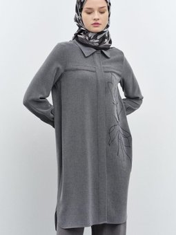 Püskül Detaylı Desen Baskılı Tunik Antrasit