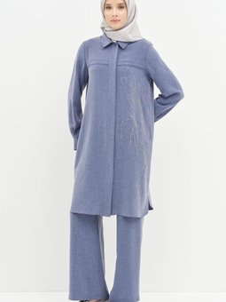 Püskül Detaylı Desen Baskılı Tunik İndigo