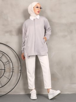 Etek Fırfırlı Flato Cepli Gri Hırka