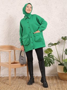 Kapitone Körük Cepli Kapaklı Ceket Zümrüt Yeşili
