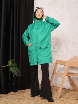 Kapüşonlu Cepli Kapanklı Trençkot Zümrüt Yeşili
