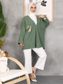 Pulpayetli Keten Haki Hırka