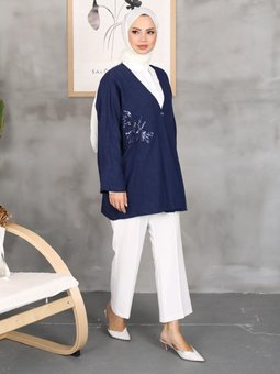 Pulpayetli Keten Lacivert Hırka