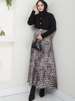Kahverengi Leopar Desenli Scuba Uzun Etek