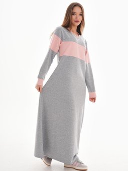 Pudra Ribana Detaylı Renk Bloklu Spor Uzun Elbise