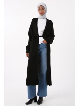 Fitilli Kuşaklı Uzun Triko Hırka Siyah