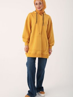 Hardal Oversize Kapüşonlu Kanguru Cepli Sweat Tunik