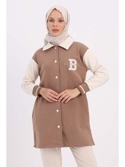 İki Renkli Nakışlı Düğmeli Rahat Hırka Vizon